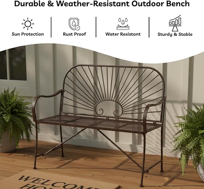 XBrand 44" L Iron Sun-Patterned Seat for Two, Patio & Porch Furniture for Park, Yard, Lawn, Balcony, Backyard – Brown - Photo 8