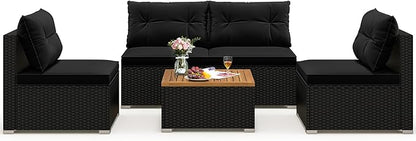 Tangkula 5 Piece Rattan Sofa Set, Outdoor Wicker Furniture Set w/Seat & Back Cushions, Square Coffee Table, Patio Sofa Set for Backyard, Poolside (Black)