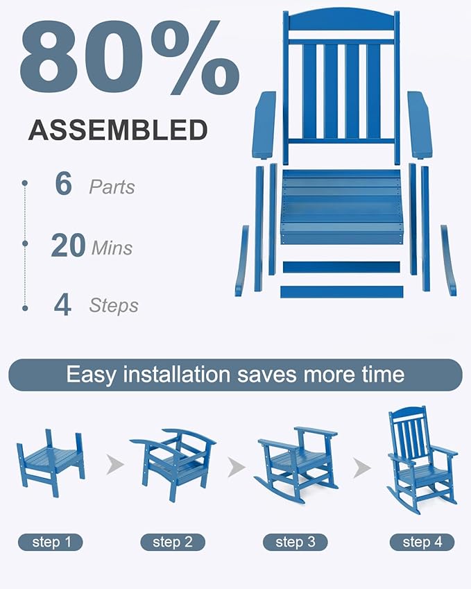 Outdoor Rocking Chairs Set of 4, Oversized High Back Patio Rocking Chairs, All Weather Porch Rocking Chairs for Outside. Pacific Blue