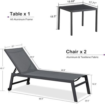 PURPLE LEAF Outdoor Chaise Lounge Set for 2 Oversized Pool Lounge Chairs with Easy-to-Move Wheels and Adjustable Backrest Extra Large Patio Loungers for Poolside Beach Table Included, Charcoal Grey