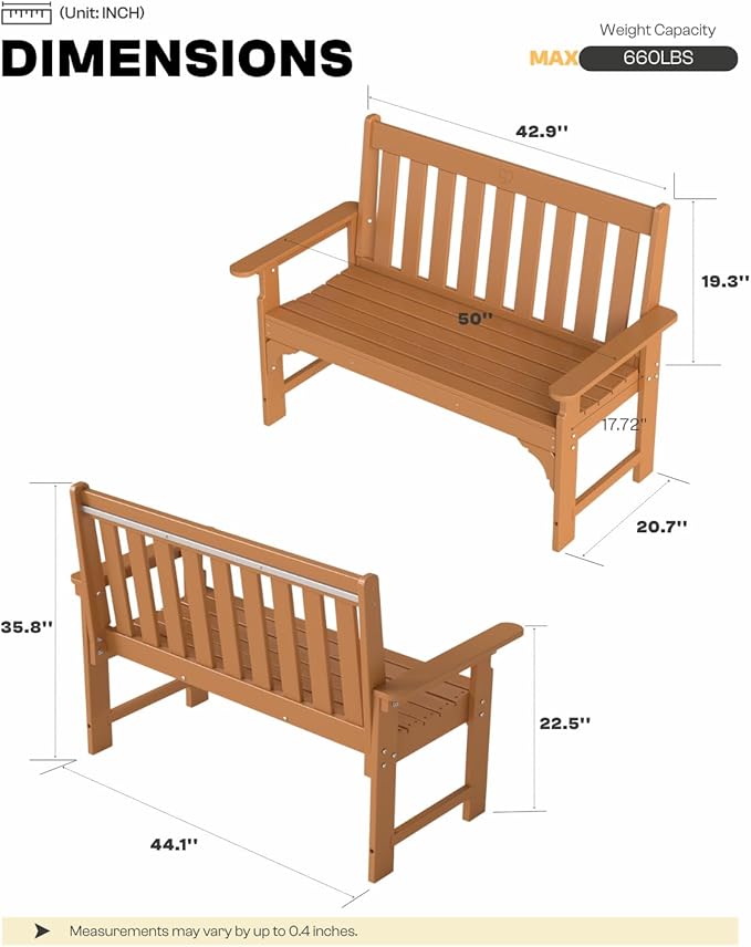 2-Person Outdoor Garden Bench, HDPE All-Weather Patio Bench with Backrest & Armrests, Heavy Duty Outdoor Seating for Porch, Backyard & Park, 660 lbs (Brown, 2 Benches)