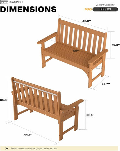 2-Person Outdoor Garden Bench, HDPE All-Weather Patio Bench with Backrest & Armrests, Heavy Duty Outdoor Seating for Porch, Backyard & Park, 660 lbs (Brown, 1 Bench)