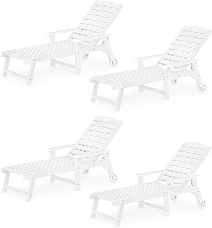 LUE BONA Lounge Chair Outdoor Set of 4, HDPS Chaise Lounge Outdoor with Wheels, 5 Positions Adjustable Pool Lounger Chairs for Outside, Patio, White