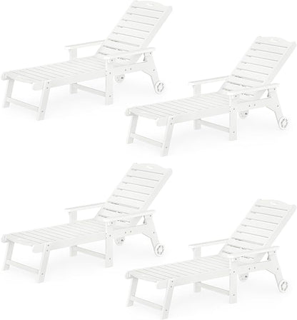 LUE BONA Lounge Chair Outdoor Set of 4, HDPS Chaise Lounge Outdoor with Wheels, 5 Positions Adjustable Pool Lounger Chairs for Outside, Patio, White