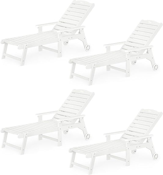 LUE BONA Lounge Chair Outdoor Set of 4, HDPS Chaise Lounge Outdoor with Wheels, 5 Positions Adjustable Pool Lounger Chairs for Outside, Patio, White