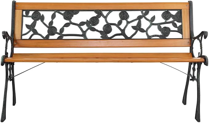 49" Outdoor Garden Bench Wood Metal Patio Park Bench Elegant Porch Deck Loveseat with Rose Pattern Backrest, Bronze & Natural