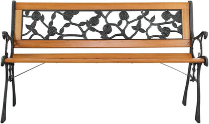 Outdoor Garden Bench Park Bench, Patio Furniture Bench Chair with Cast Iron & Hardwood Structure, Weather Proof Porch Loveseat, Perfect for Front Porch Park Outside Furniture Decor (C)