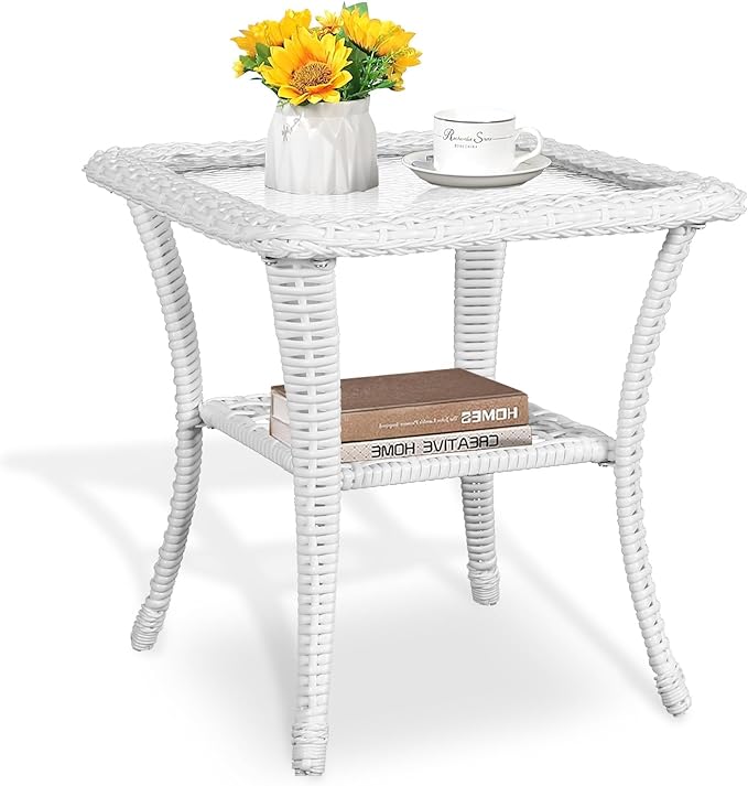 MEETWARM Wicker Outdoor Side Table, All-Weather Patio Rattan Side Table with Tempered Glass Top and Storage Shelf - Photo 9