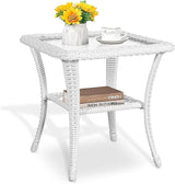 MEETWARM Wicker Outdoor Side Table, All-Weather Patio Rattan Side Table with Tempered Glass Top and Storage Shelf - Photo 9
