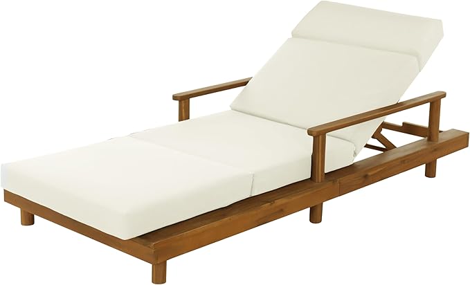 Merax Acacia Wood Outdoor Chaise Lounge Chair with Thick 4-Fold Cushion & Headrest, 3-Position Adjustable Backrest, Modern 76.8" L Large Patio Pool Sun Lounger for Garden Beach Yard, Beige+Teak