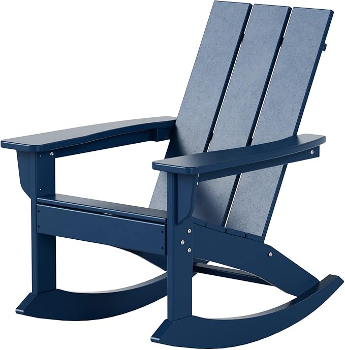 WestinTrends Ashore Patio Rocking Chair, All Weather Poly Lumber Plank Adirondack Rocker Chair, Modern Farmhouse Outdoor Rocking Chairs for Porch Garden Backyard and Indoor, Navy Blue