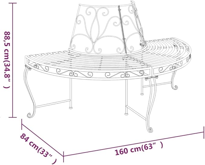 Black Steel Half Round Tree Bench with Decorative Inlays, Outdoor Garden Bench for Relaxation, Spacious Seating for Three, Durable Powder-Coated Rust-Resistant Patio Furniture