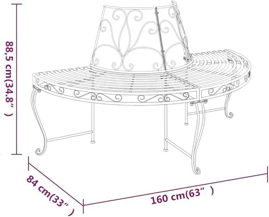 Black Steel Half Round Tree Bench with Decorative Inlays, Outdoor Garden Bench for Relaxation, Sturdy Powder-Coated Frame, Spacious Seating for Three, Durable Patio Furniture