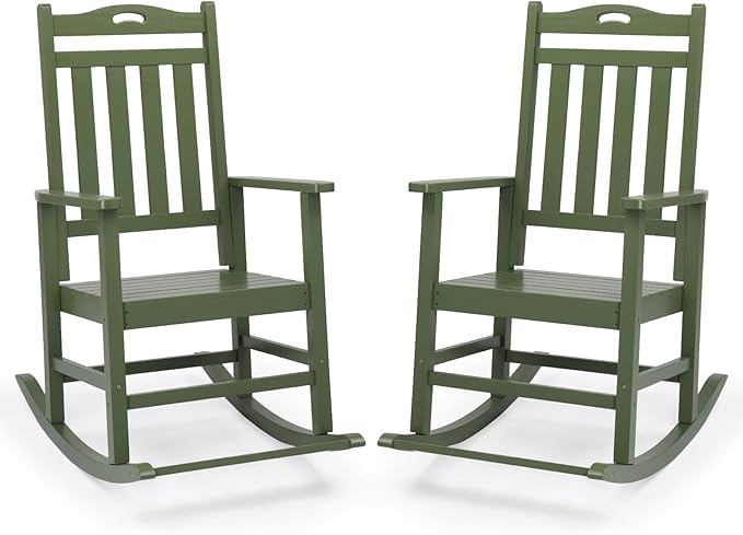 VINGLI Outdoor Rocking Chair with Footrest, Wooden Rocking Chair with 450 LBS Weight Capacity, Patio Rocker with Comfortable Backrest for Garden, Yard (Dark Green, 2PCS)