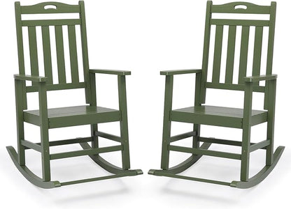 VINGLI Outdoor Rocking Chair with Footrest, Wooden Rocking Chair with 450 LBS Weight Capacity, Patio Rocker with Comfortable Backrest for Garden, Yard (Dark Green, 2PCS)