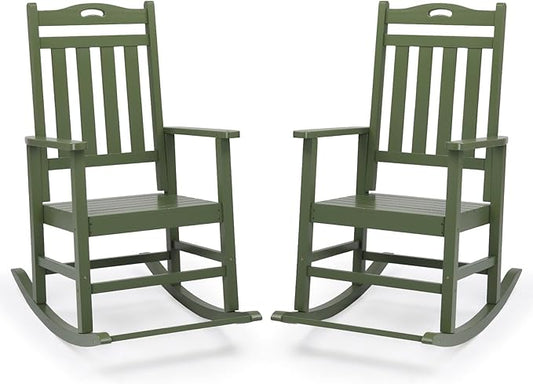 VINGLI Outdoor Rocking Chair with Footrest, Wooden Rocking Chair with 450 LBS Weight Capacity, Patio Rocker with Comfortable Backrest for Garden, Yard (Dark Green, 2PCS)