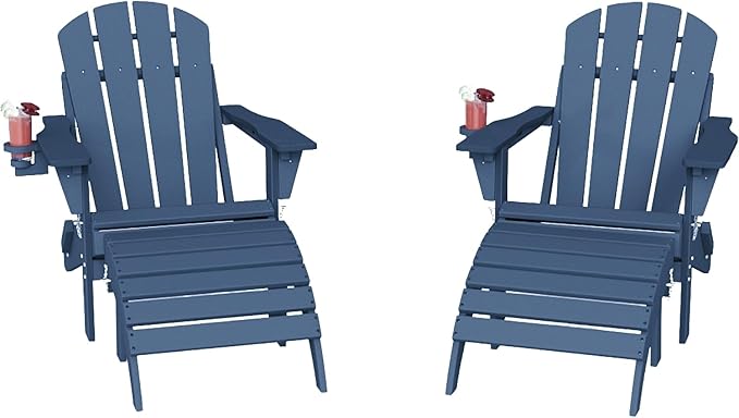 4-Piece Adirondack Chair with Footrest,Folding Adirondack Chair with Retractable Ottoman Set,HDPE All Weather Fire Pit Chair with Cup Holder(Navy Blue, 2 Chair & 2 footrest)