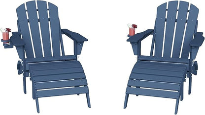 4-Piece Adirondack Chair with Footrest,Folding Adirondack Chair with Retractable Ottoman Set,HDPE All Weather Fire Pit Chair with Cup Holder(Navy Blue, 2 Chair & 2 footrest)