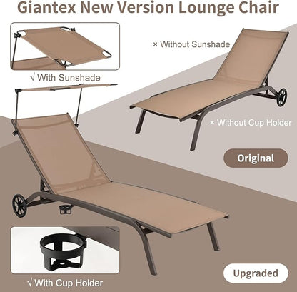 Giantex Outdoor Chaise Lounge Chair, Tanning Chair with Sunshade and Smooth Wheels, 6-Level Adjustable Position, Cup Holder, Metal Frame, Patio Chaise Lounge for Sunbathing, Yard, Poolside (1)