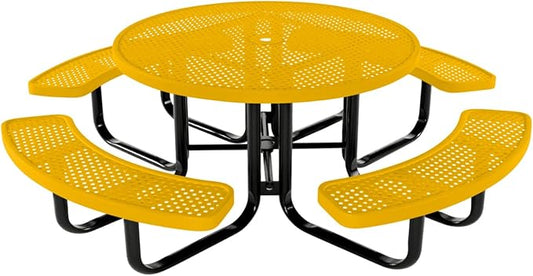 COATEDOUTDOORFURNITURE Heavy-Duty Portable Outdoor Kids Table with Umbrella Hole, Punched Steel Kids Picnic Table, Commercial-Grade, Made in America (46 in, Round, Childrens, Textured Yellow)