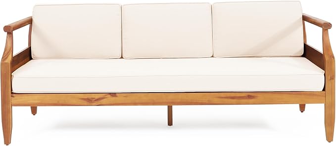 Christopher Knight Home Aston Outdoor 3 Seater Sofa, Upholstered Cushion Couch, Acacia Wood Bench Sofa, Slat Armchair - Photo 5
