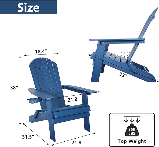 Melucivi Folding Adirondack Chair Weather Resistant Patio Chairs with Cup Holder, Plastic Adirondack Chairs for Outdoor, Backyard, Fire Pit, Deck, Garden, Campfire, Dark Blue