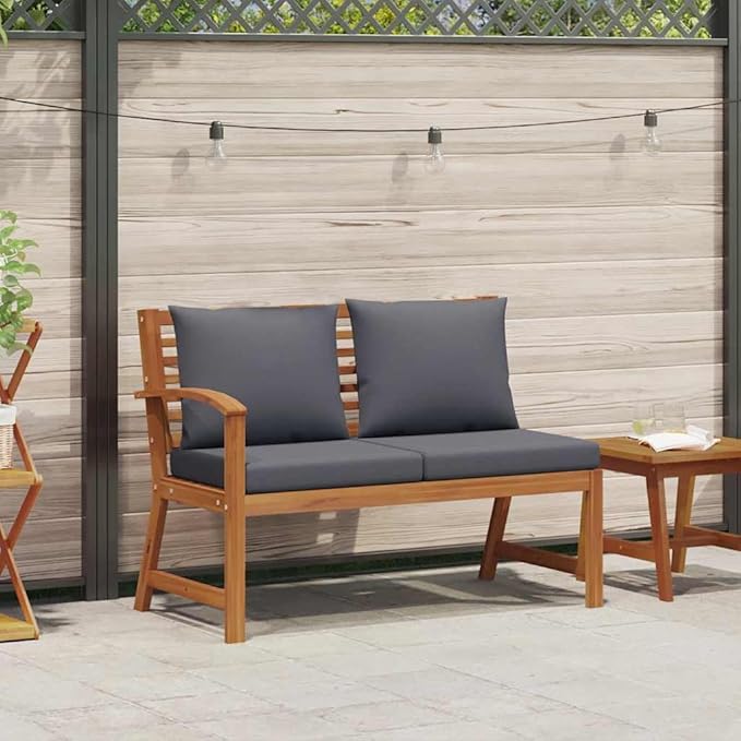 Dark Grey Solid Acacia Wood Medium Garden Bench with Weather-Resistant Cushions, Rustic Outdoor Seating for Patio, Durable and Comfortable Bench for Two Adults, Easy
