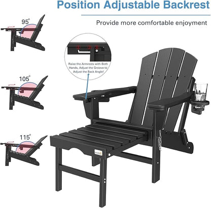 Mdeam 3-Level Adjustable Adirondack Chair with Retractable Ottoman, HDPE All-Weather Folding Fire Pit Chair with 2 Cup Holders, Outdoor Chair for Deck Patio Garden Backyard Lawn (Black)