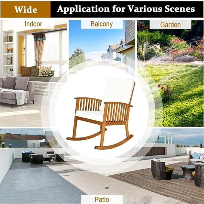 Pemberly Row Acacia Wood Patio Rocking Chair with Cushion, Natural Finish, 35.5" L x 25" W x 36.5" H, Rustic Design, Ergonomic Backrest, Washable Covers, Outdoor Garden Porch Deck Seating