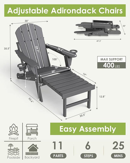 GREENVINES Adjustable Adirondack Chair with Retractable Ottoman Set of 4 | Folding | HDPE Plastic | Fire Pit Chairs w/Foot Rest | 2 Cup Holders | Grey | for Outdoor Patio Poolside Deck
