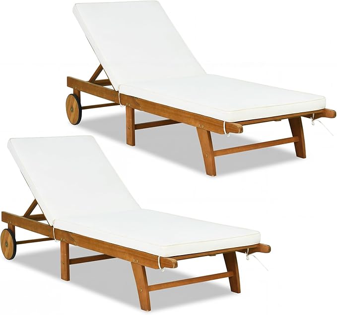 Tangkula Folding Lounge Chairs Outdoor Set of 2, Patio Eucalyptus Wood Chaise Lounge with 5-Level Adjustable Backrest & Cushions, Portable Beach Pool Sunbathing Recliner with Wheels for Outside