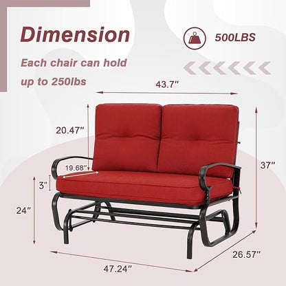 Outdoor Glider Rocking Bench 2 Person Patio Loveseat Steel Frame Furniture Set with Removable Cushion for Patio, Garden, Yard, Porch (Red)