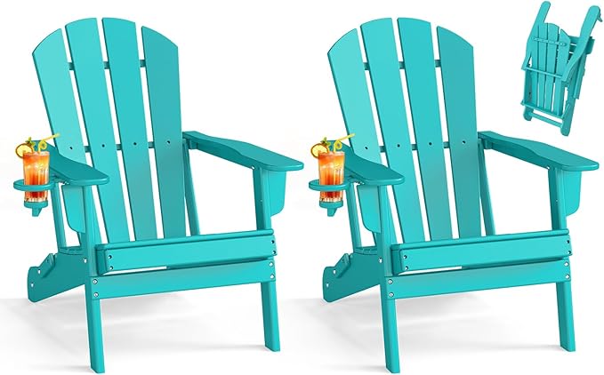 BRIOPAWS Folding-Adirondack-Chairs Set of 2 | HDPE Plastic | Fire Pit Chair | Cup Holder | Curved Back | All Weather| for Outdoor Backyard Deck Patio | Aqua