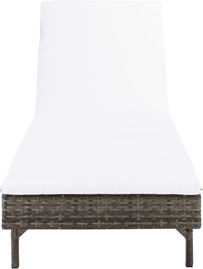 SAFAVIEH Outdoor Collection Cam Grey Brown Wicker/White Cushion Adjustable Chaise Lounge Chair, Black/Beige (PAT7501C)