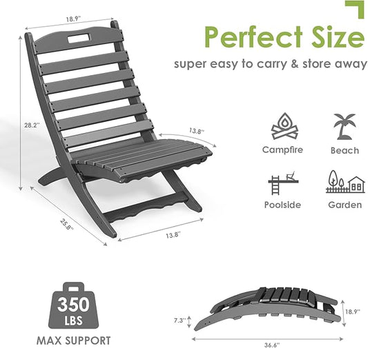 GREENVINES Folding Wave Chairs Set of 2 | Xavier | Portable Adirondack Chair | HDPE | All Weather | Gray | for Fire Pit Beach Outdoor Deck Poolside Garden Patio Porch Fishing