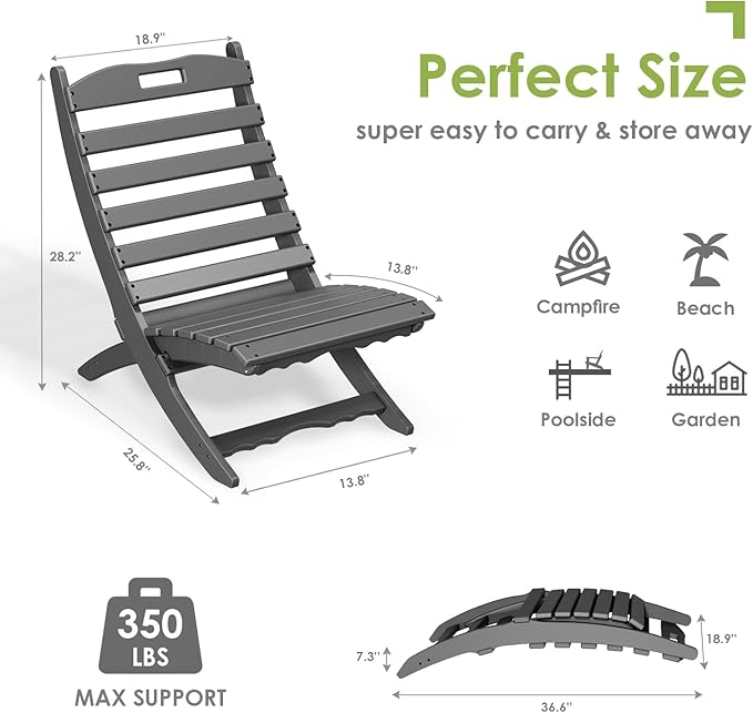 GREENVINES Folding-Xavier-Chairs Set of 4 | Wave | Portable Adirondack-Chair | HDPE Plastic | All Weather Fire-Pit Chair | Gray | for Beach Outdoor Deck Poolside Garden Patio Porch Fishing