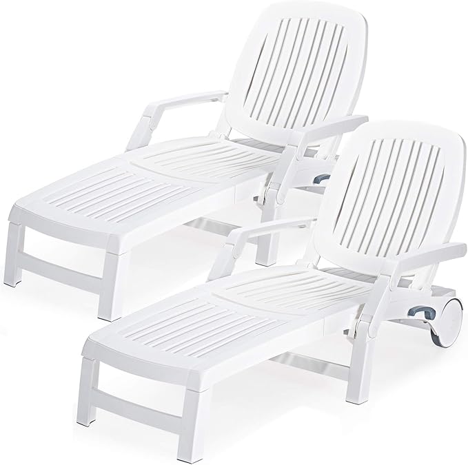 Giantex Chaise Lounge Outdoor 6 Adjustable Backrests Lounge Chair Recliner with Wheels for Patio, Poolside, Garden Foldable Beach Sunbathing Lounger(2, White)
