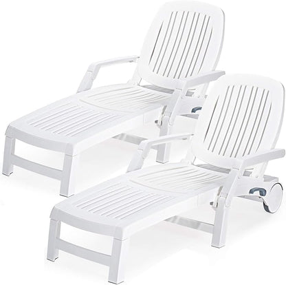 Giantex Chaise Lounge Outdoor 6 Adjustable Backrests Lounge Chair Recliner with Wheels for Patio, Poolside, Garden Foldable Beach Sunbathing Lounger(2, White)