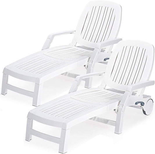 Giantex Chaise Lounge Outdoor 6 Adjustable Backrests Lounge Chair Recliner with Wheels for Patio, Poolside, Garden Foldable Beach Sunbathing Lounger(2, White)