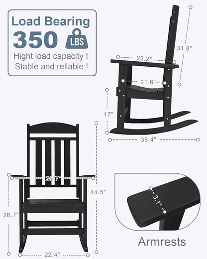 Outdoor Rocking Chairs Set of 2, Oversized High Back Patio Rocking Chairs, All Weather Porch Rocking Chairs for Outside. Black