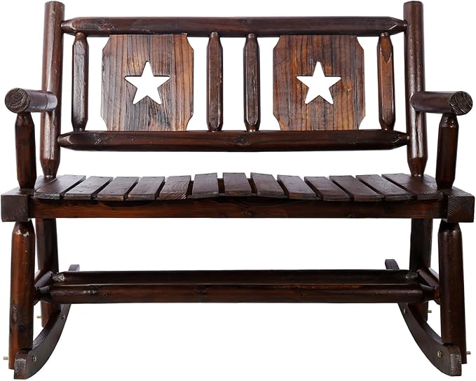 Outdoor Wood Rocking Bench Carbonized Double Rocking, Chair for 2 Persons with Wide Curved Seat, Porch Rocker for Porch, Garden, Backyard, Rustic