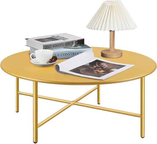 Patio Round Steel Patio Coffee Table, Weather Resistant Anti-Rust and Waterproof Indoor and Outdoor Large Side Table, for Garden Living Room Bedroom Balcony（Gold）