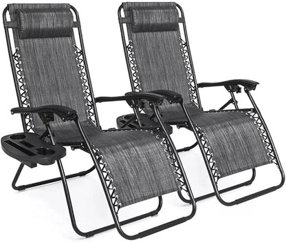 2-Pack Adjustable Zero Gravity Lounge Chair with Steel Mesh Fabric: Reclining Lawn Chair Featuring Comfort Pillow, Cup Holder Tray, and Customizable Recline Positions