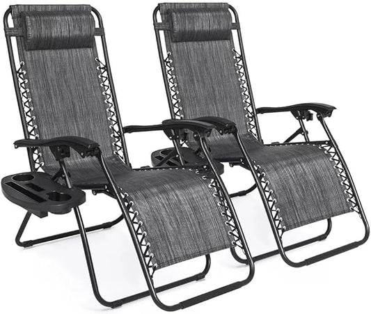 2-Pack Adjustable Zero Gravity Lounge Chair with Steel Mesh Fabric: Reclining Lawn Chair Featuring Comfort Pillow, Cup Holder Tray, and Customizable Recline Positions
