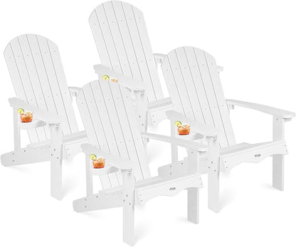 Y&M Adirondack Chair Set of 4, White Fire Pit Chairs, Outdoor Patio Chairs with Cup Holder, Weather Resistant HDPE Wooden Textured Patio Chairs, Perfect for Garden, Lawn, Deck, or Poolside
