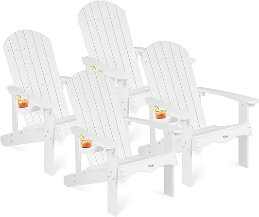 Y&M Adirondack Chair Set of 4, White Fire Pit Chairs, Outdoor Patio Chairs with Cup Holder, Weather Resistant HDPE Wooden Textured Patio Chairs, Perfect for Garden, Lawn, Deck, or Poolside