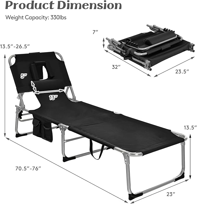 GYMAX Tanning Chair, Folding Lounger with Face/Arm Holes, Carry Handles & Side Pocket - Photo 2