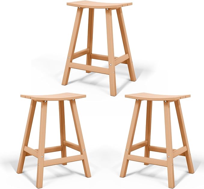 Costaelm All-Weather Bar Stools Set of 3, 24" Height Outdoor Bar Stools, Adirondack Poly Patio Bar Stool for Patio, Deck, Kitchen Counter and Garden, Teak