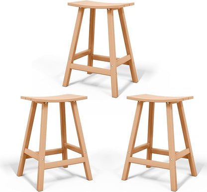 Costaelm All-Weather Bar Stools Set of 3, 24" Height Outdoor Bar Stools, Adirondack Poly Patio Bar Stool for Patio, Deck, Kitchen Counter and Garden, Teak