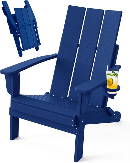 Adirondack Chair with Cup Holder, Folding Outdoor Lawn Chair, HDPE Plastic Fire Pit Chair, Weather Resistant Patio Chairs for Deck, Porch, Backyard, Garden, Navy Blue